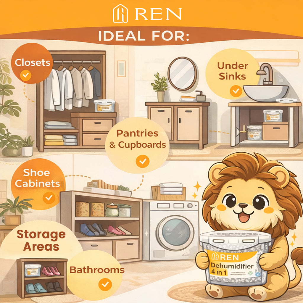 Cartoon lion holding a REN dehumidifier with various home settings indicating product use.