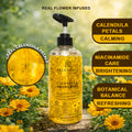 Regenfell Calendula Shower Gel bottle with calendula petals and text on a natural background
