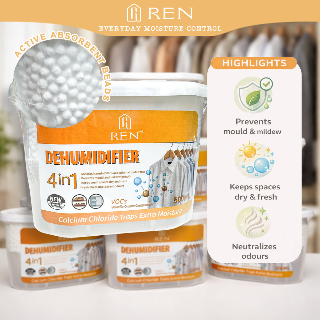 REN dehumidifier packaging with features highlighted on a blurred background